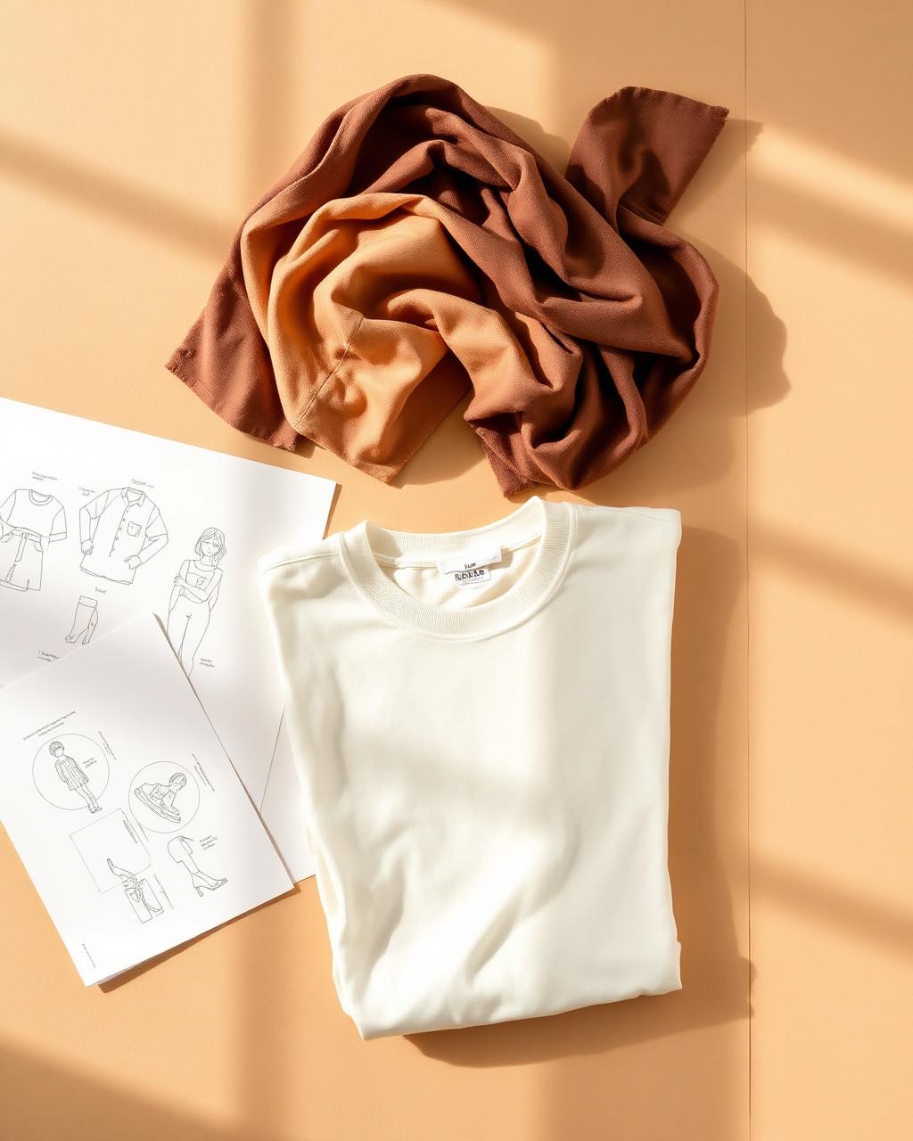 Fabric swatches, design sketches, and a folded cream t-shirt