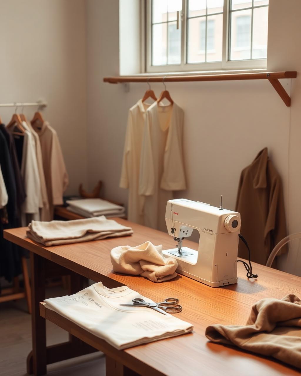 Quiet apparel studio with a sewing machine, folded fabrics, and garments on a rack