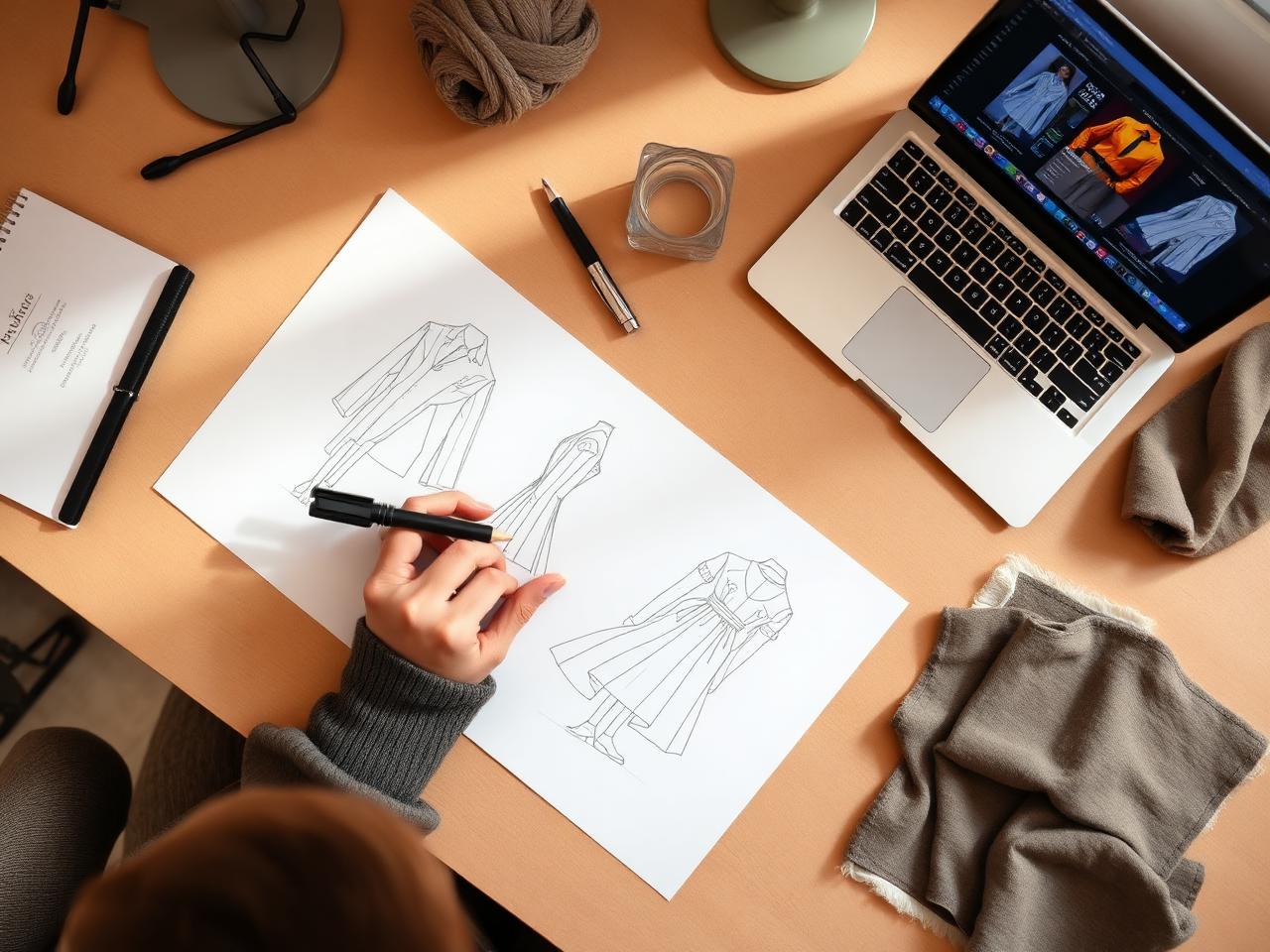 Designer sketching apparel artwork beside a laptop with design software