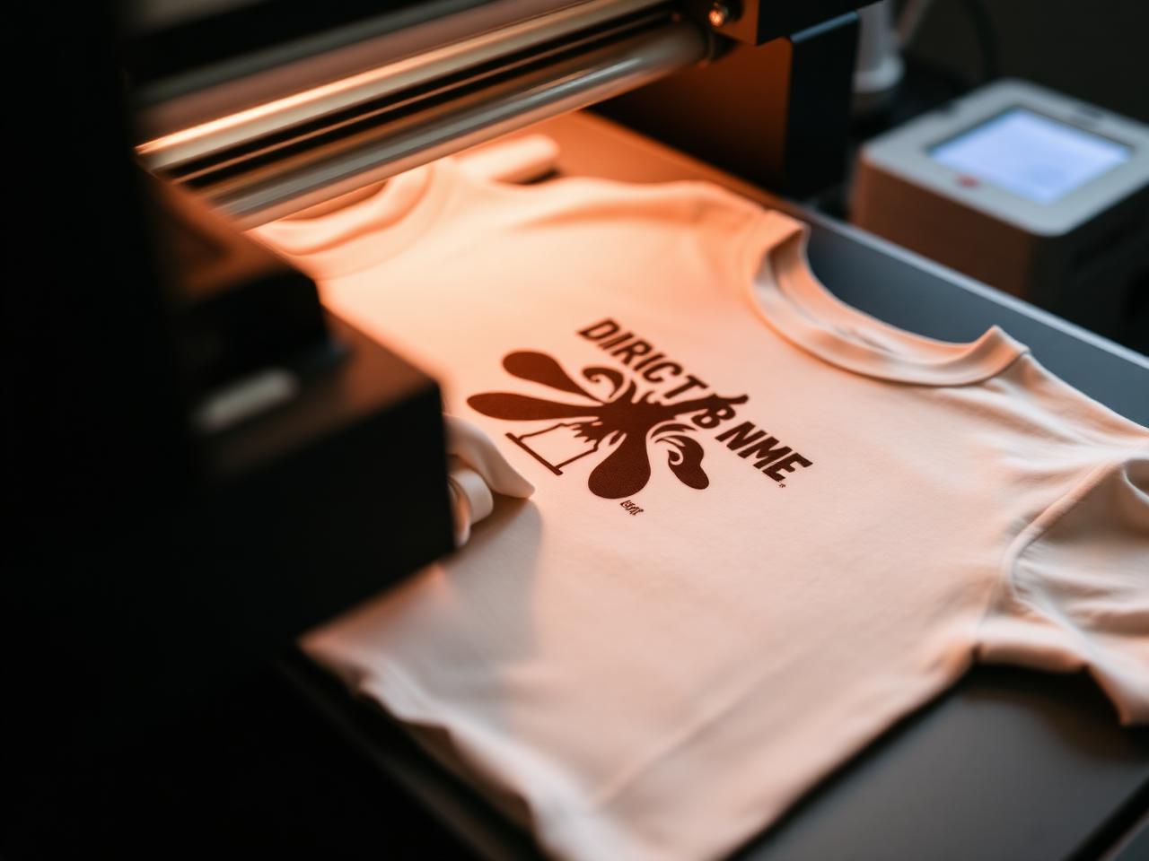 A direct-to-garment printer applying a design onto a cream t-shirt