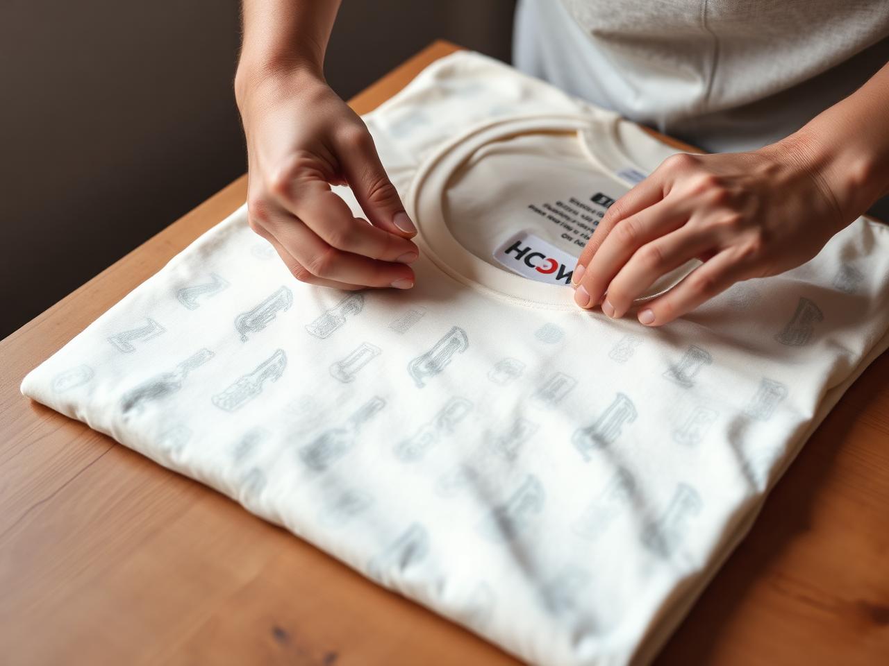 Hands inspecting the print and finish of a folded t-shirt