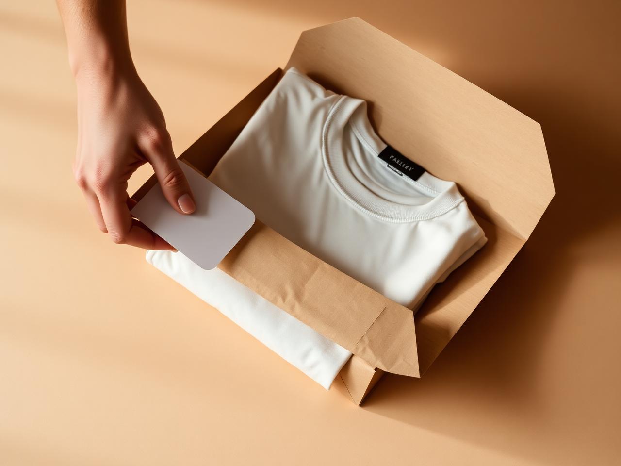 Folded t-shirt being placed into a kraft paper mailer with a branded card