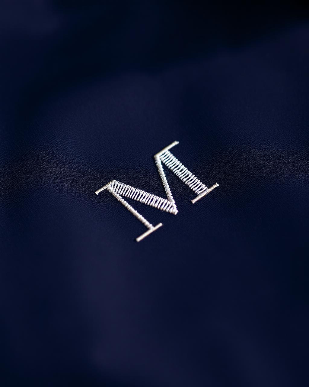 Close-up of embroidered monogram detail on navy fabric